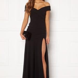 Goddiva Bardot Pleat Maxi Split Dress Black XXL (UK18)