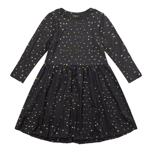 Liberté - Alma KIDS Babydoll Dress LS - Black Gold Dot