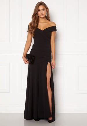 Goddiva Bardot Pleat Maxi Split Dress Black XXS (UK6)