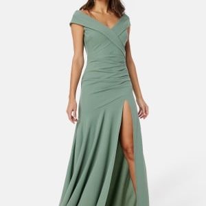 Goddiva Bardot Pleat Maxi Split Dress Dark Sage S (UK10)