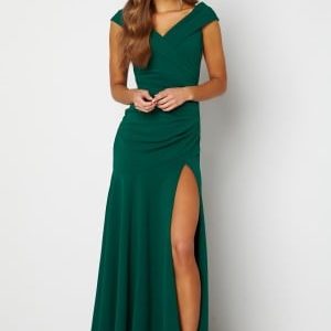 Goddiva Bardot Pleat Maxi Split Dress Emerald XXL (UK18)