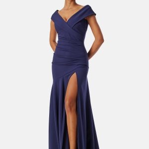 Goddiva Bardot Pleat Maxi Split Dress Dark blue XS (UK8)