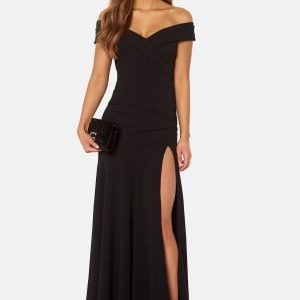 Goddiva Bardot Pleat Maxi Split Dress Black S XL (UK16)