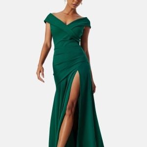 Goddiva Bardot Pleat Maxi Split Dress Emerald M (UK12)