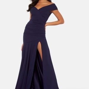 Goddiva Bardot Pleat Maxi Split Dress Navy XL (UK16)