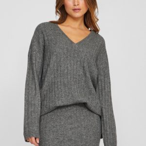 Vimiraz L/S Rev V-Neck striktrøje - Medium Grey Melange