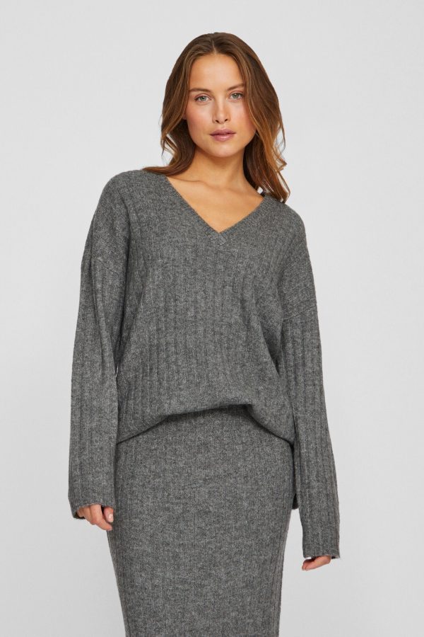 Vimiraz L/S Rev V-Neck striktrøje - Medium Grey Melange