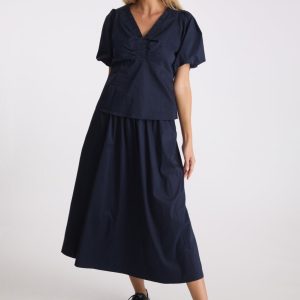 Yara Poplin lang nederdel - Navy